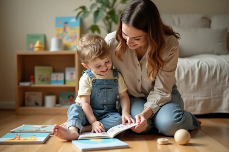Mère accompagnant son jeune enfant dans la lecture de livres illustrés sur le plancher d'un salon chaleureux