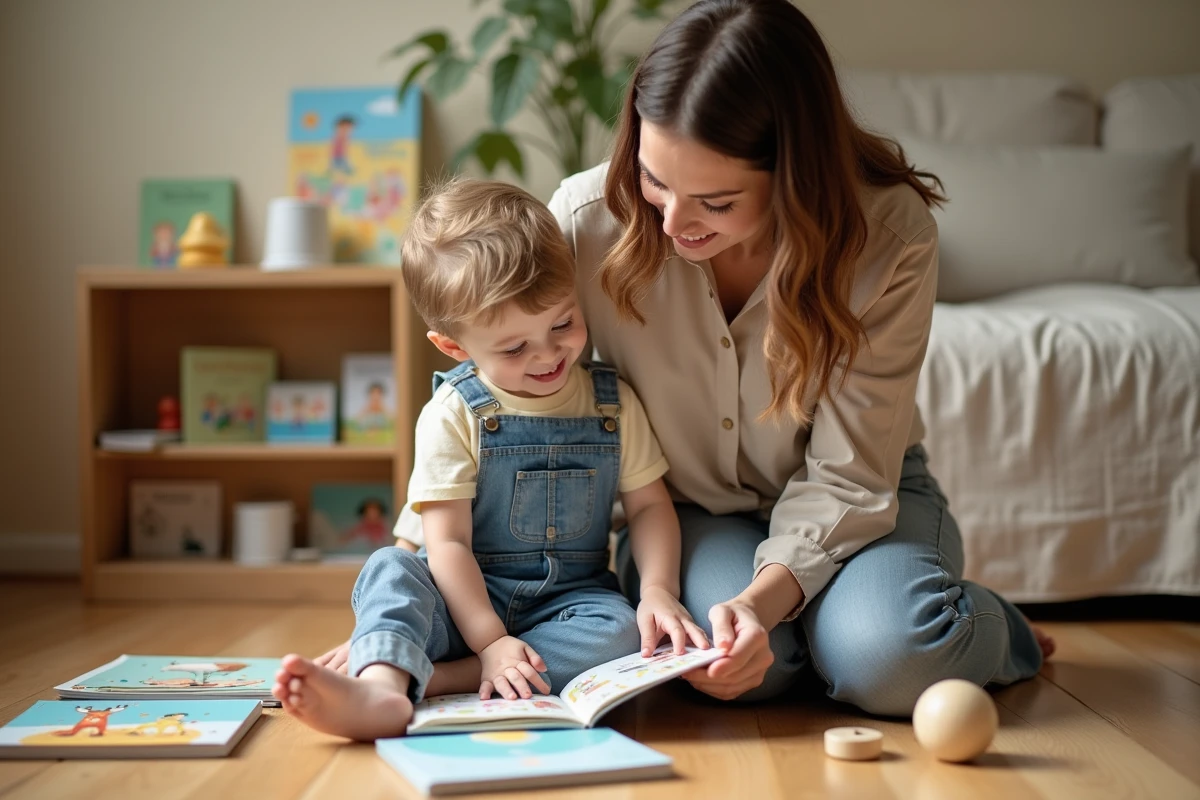 Mère accompagnant son jeune enfant dans la lecture de livres illustrés sur le plancher d'un salon chaleureux