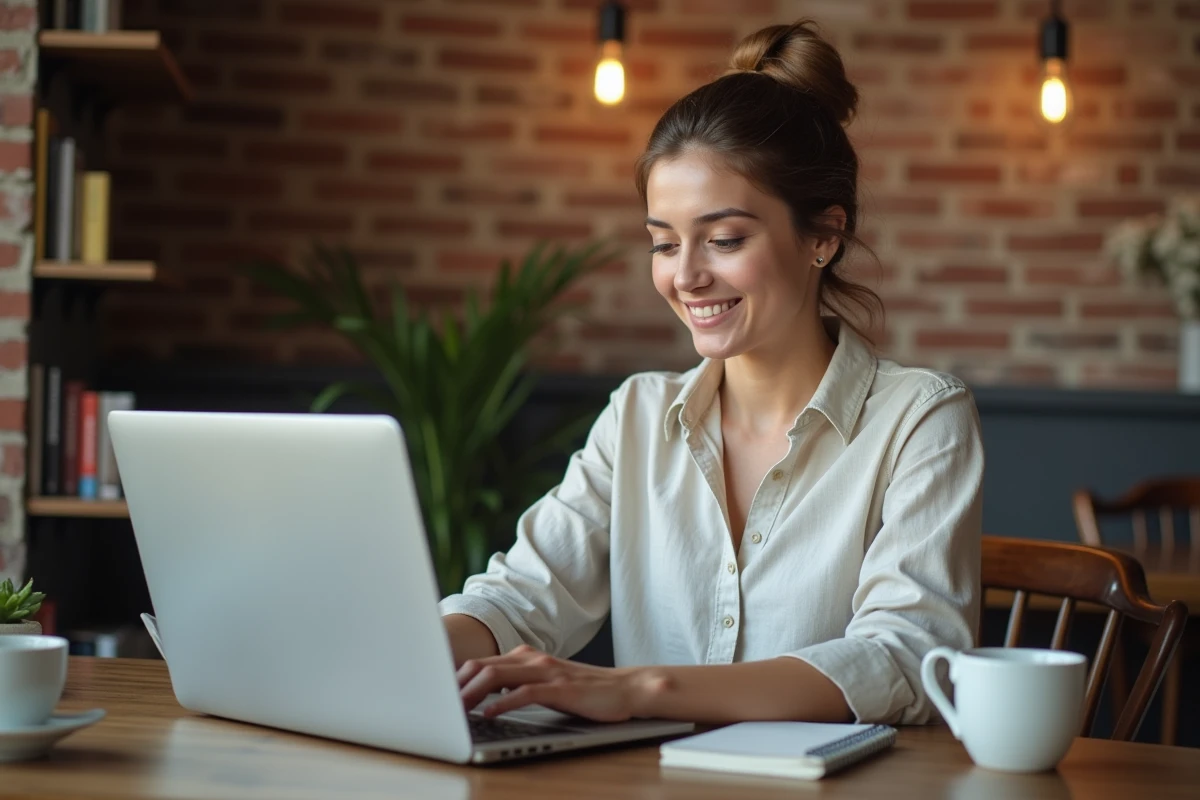 Femme travaillant en freelance sur une plateforme de microservices depuis son bureau à domicile avec un café