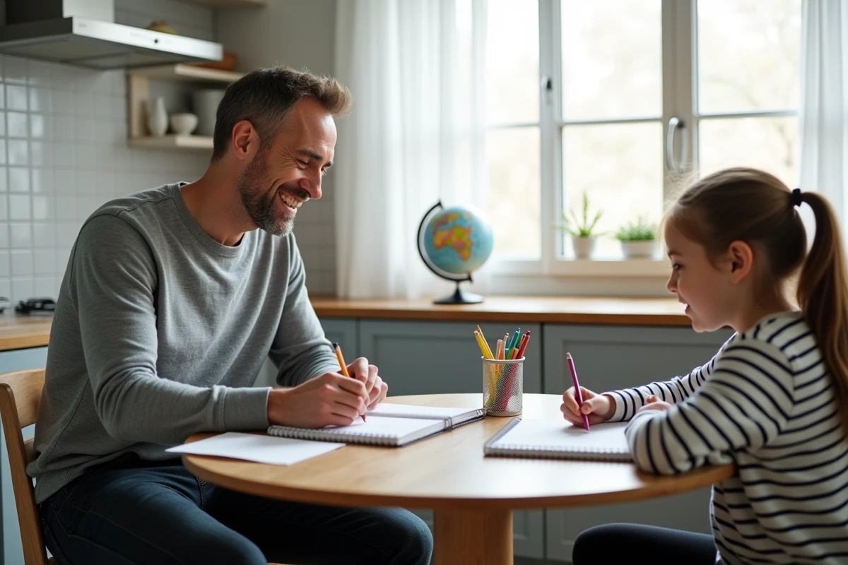Père aidant sa fille de dix ans à faire ses devoirs autour d'une table de cuisine moderne