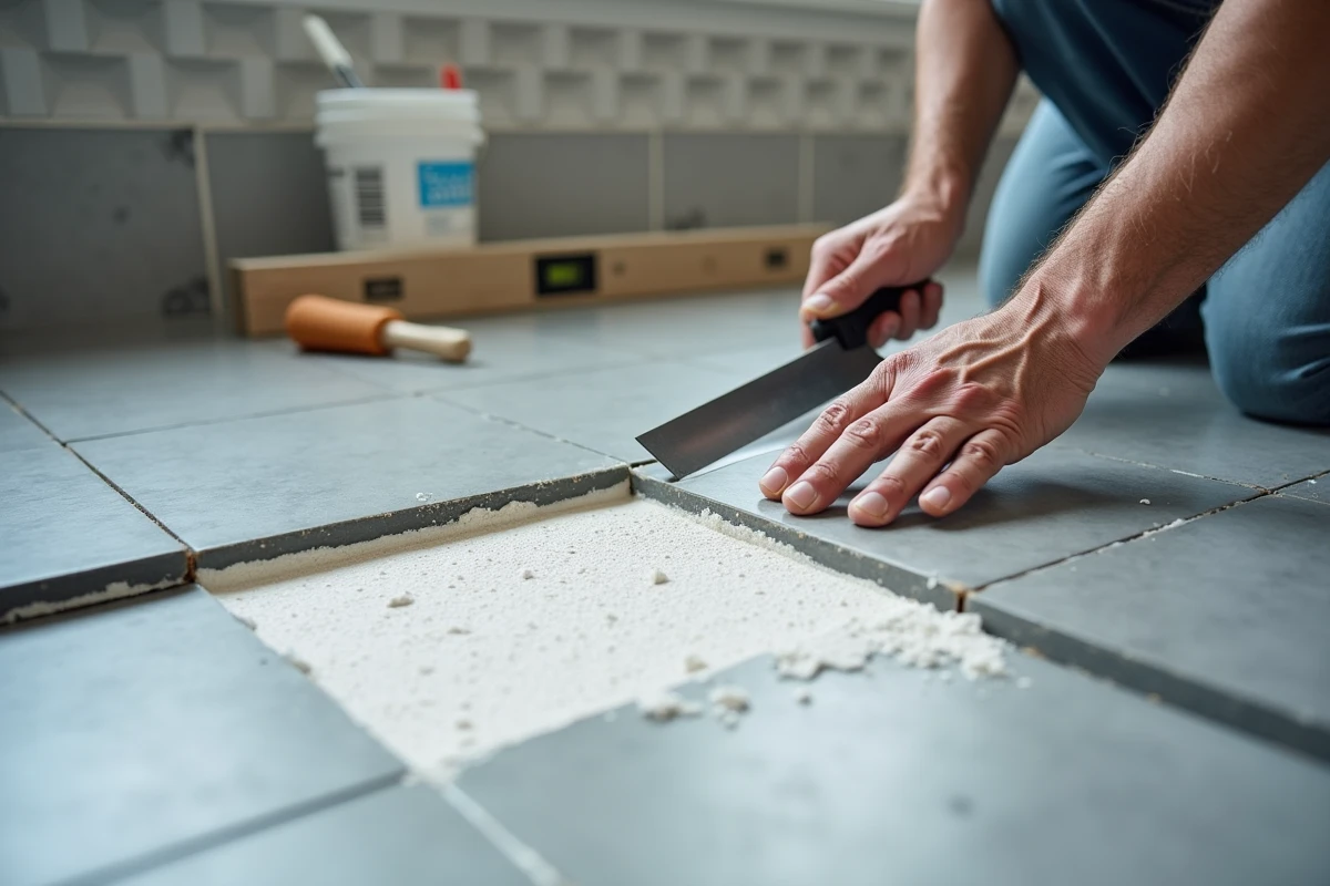 Gros plan sur des mains posant des carreaux de céramique grise avec une truelle crantée lors de travaux de rénovation de salle de bain