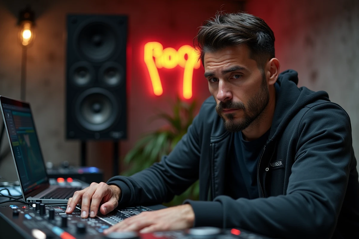 Producteur musical en coulisses préparant son set pour une soirée privée exclusive
