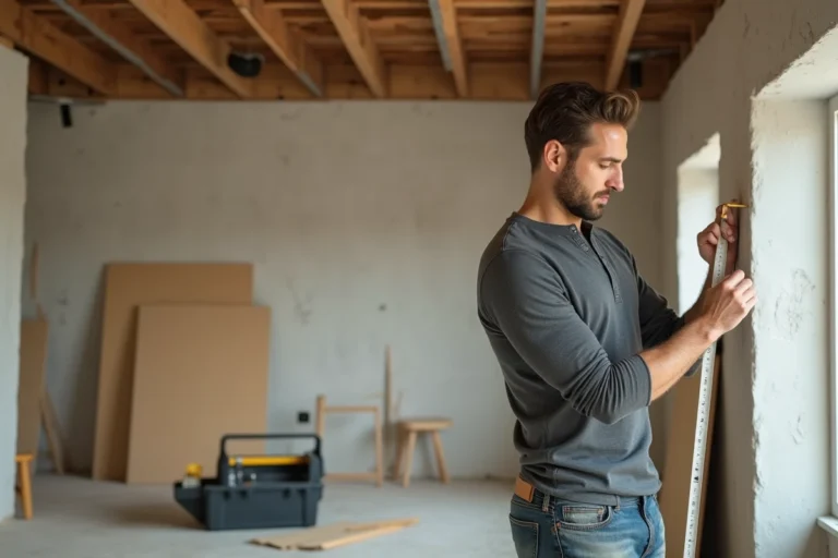 Homme mesurant un panneau de bois dans une pièce en cours de rénovation avec des murs en plâtre brut et des outils au sol