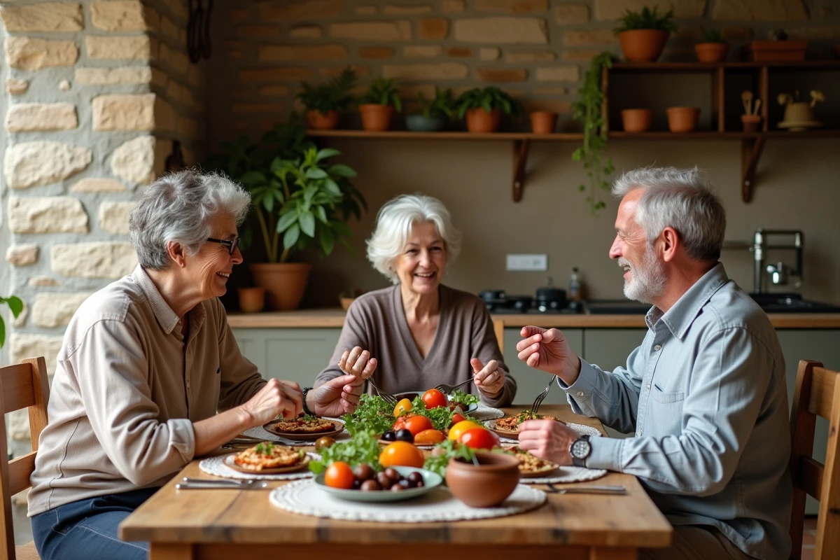 Groupe d'amis de plus de 50 ans partageant un repas méditerranéen sain autour d'une table en bois dans une cuisine rustique, évoquant convivialité et bien-être