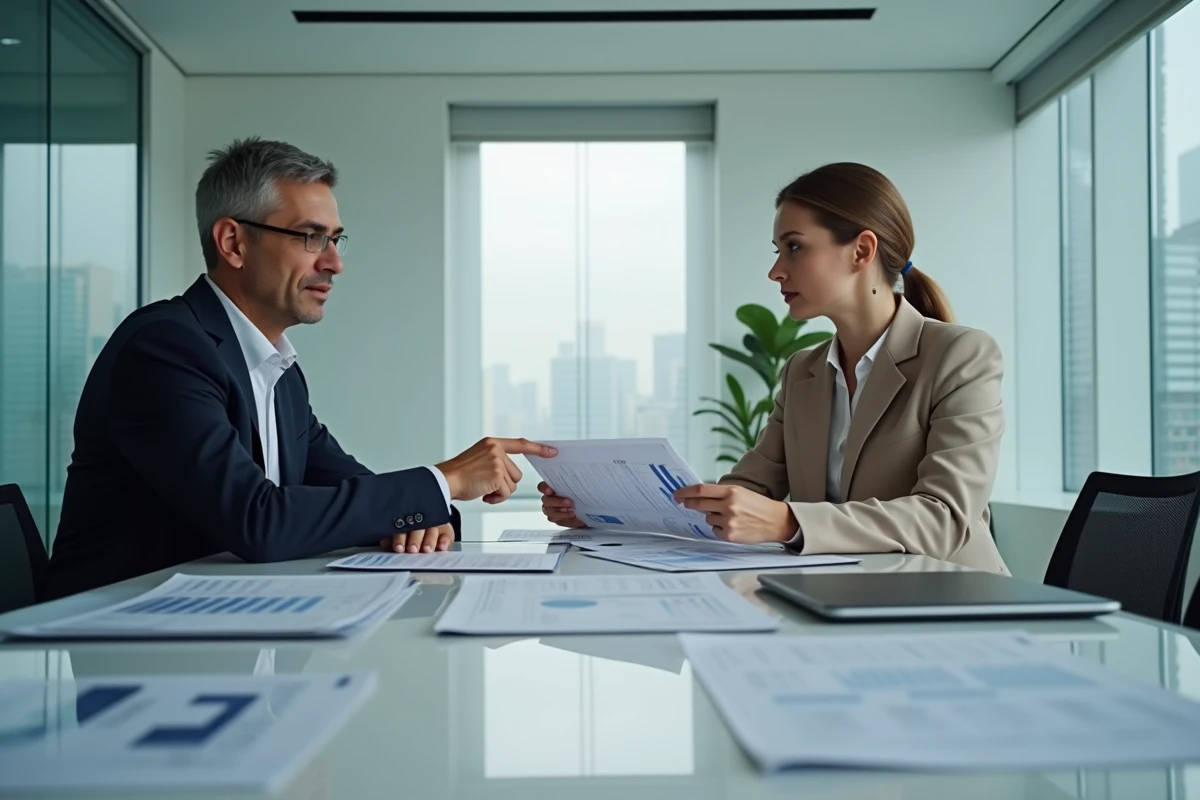 Deux professionnels discutant de stratégies de gestion financière autour d'une table de réunion en entreprise