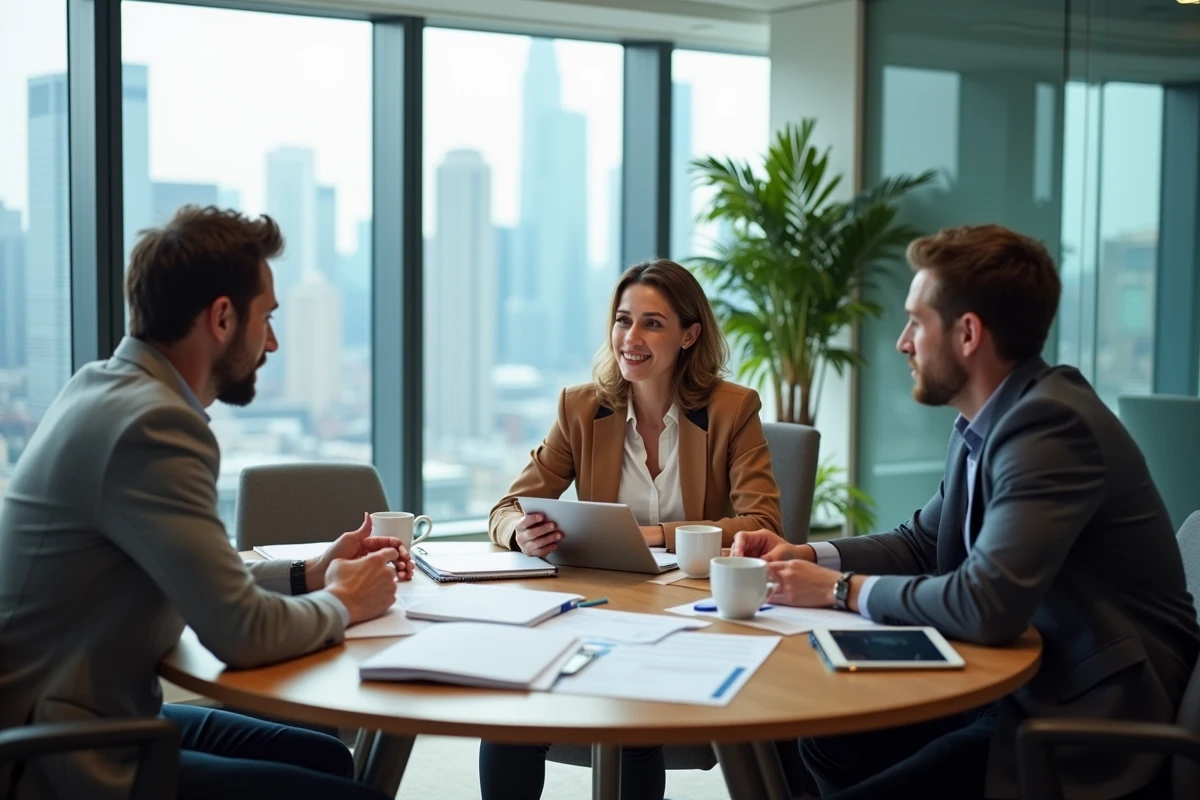 Équipe de professionnels en réunion stratégique autour d'une table pour planifier le développement commercial