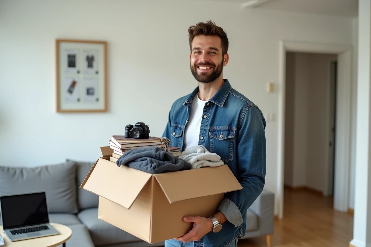 Homme tenant une boîte d'objets inutilisés devant un ordinateur affichant une place de marché en ligne pour la revente