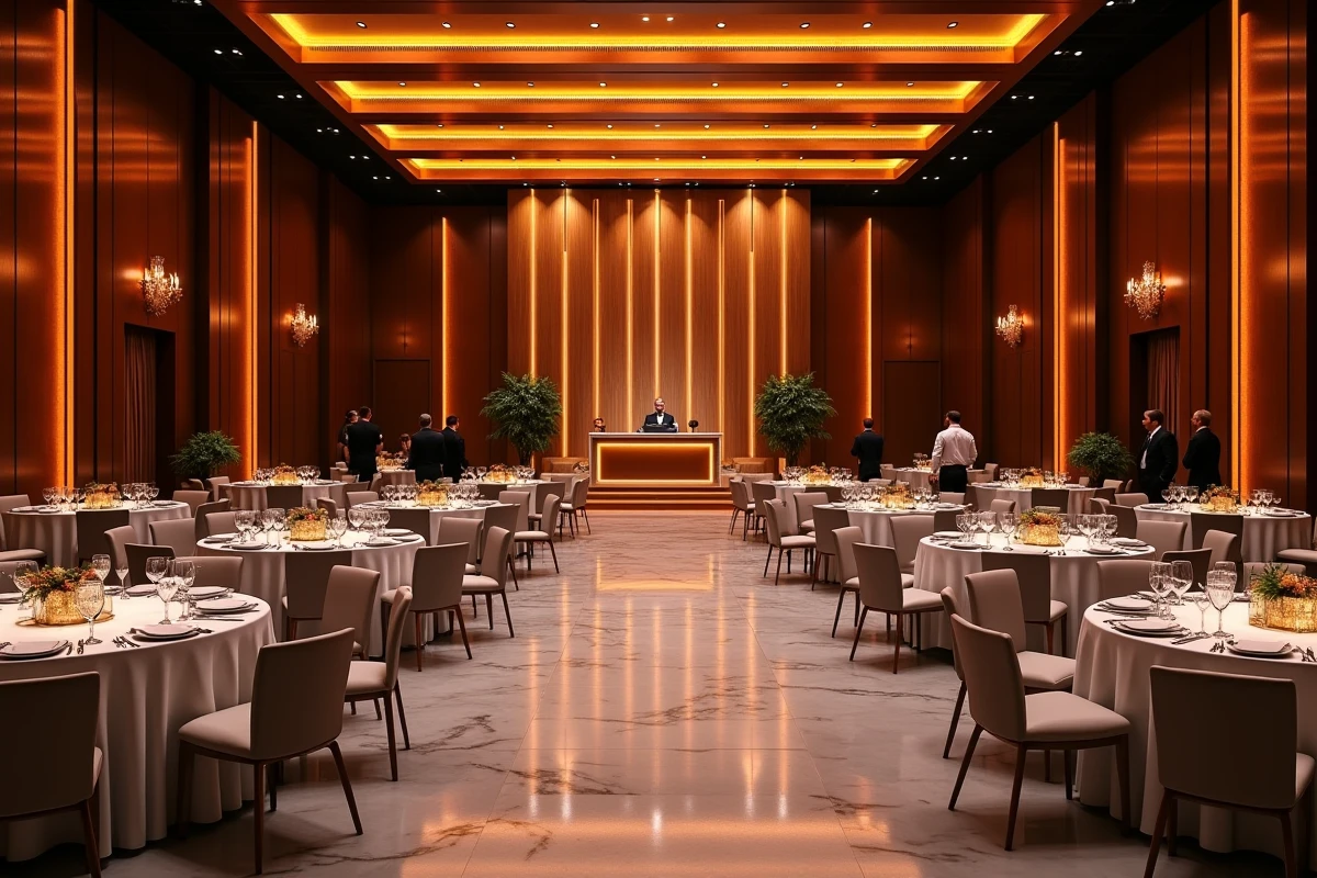 Salle de réception luxueuse prête pour une soirée privée avec scène DJ