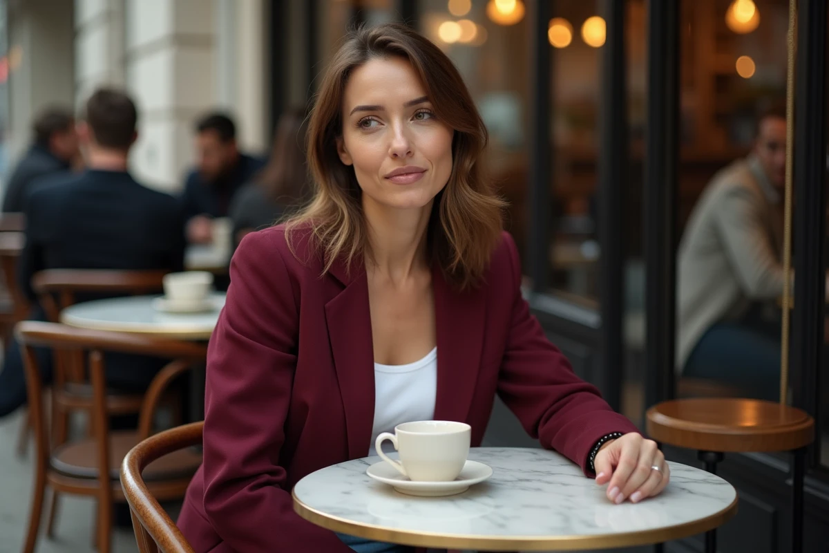 Femme au regard introspectif attablée dans un café parisien, illustrant les confidences inédites et polémiques de Sandra Baratier