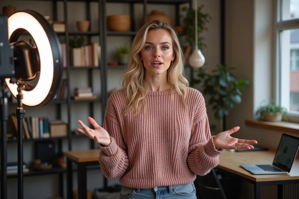 Femme en train d'enregistrer une vidéo TikTok dans son studio maison, évoquant les coulisses des révélations de Sandra Baratier