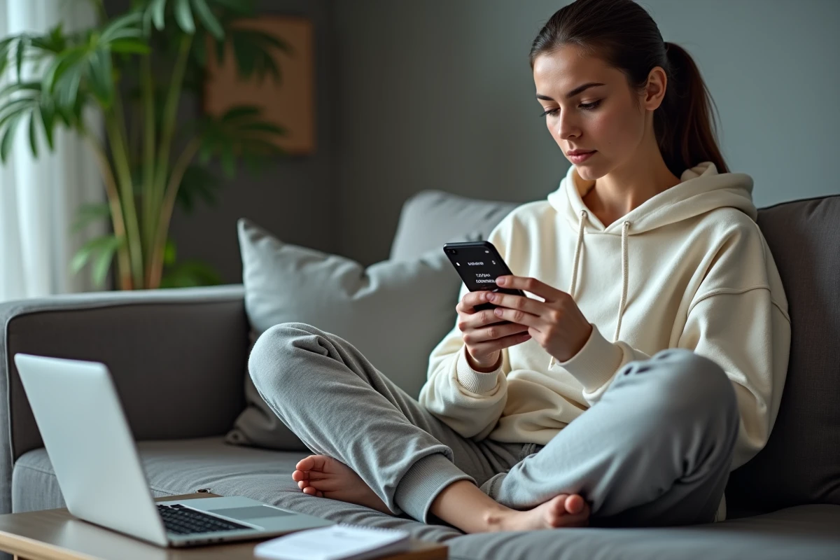 Femme sur son canapé complétant des sondages rémunérés et testant des applications depuis son smartphone et son ordinateur