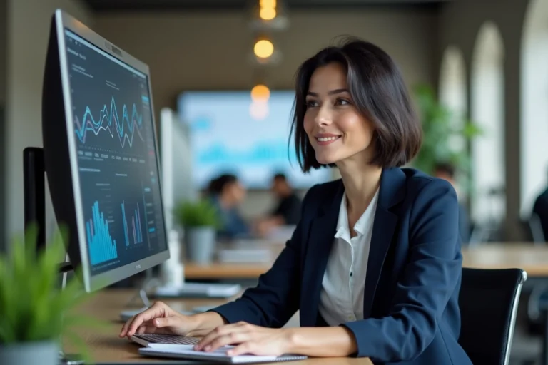 Stratège marketing numérique analysant des tableaux de bord de présence en ligne dans un espace de coworking moderne