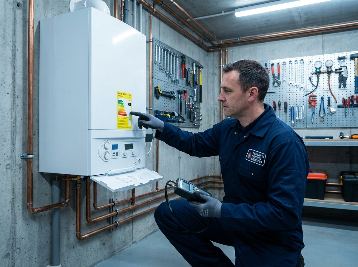 Technicien installant une chaudière à condensation éligible à la prime rénov pour économiser sur le chauffage