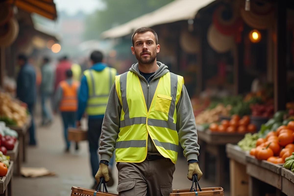 Homme portant un gilet haute visibilité travaillant dans un marché saisonnier animé pour un emploi temporaire bien rémunéré