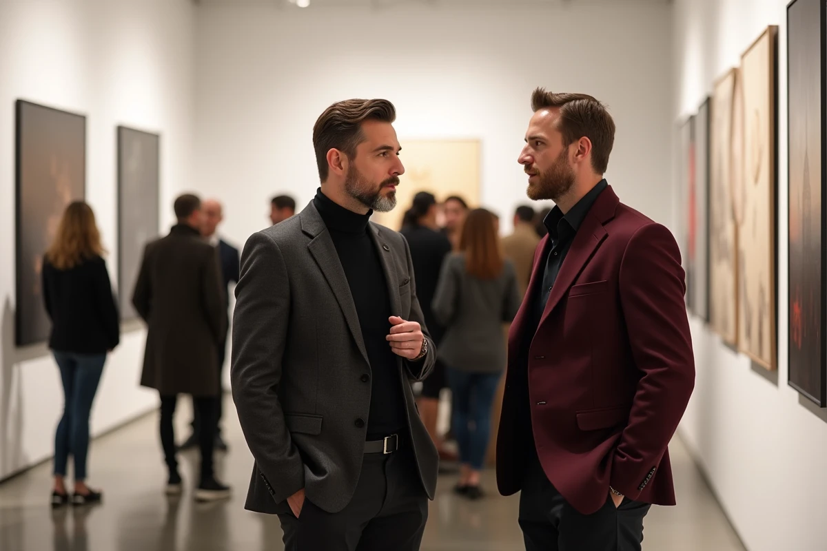 Deux hommes en tenue élégante lors d'un vernissage privé, symbolisant l'influence culturelle et la discrétion d'un compagnon dans l'ombre